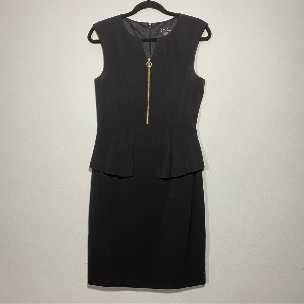 Tahari Black Front Zip Peplum Dress